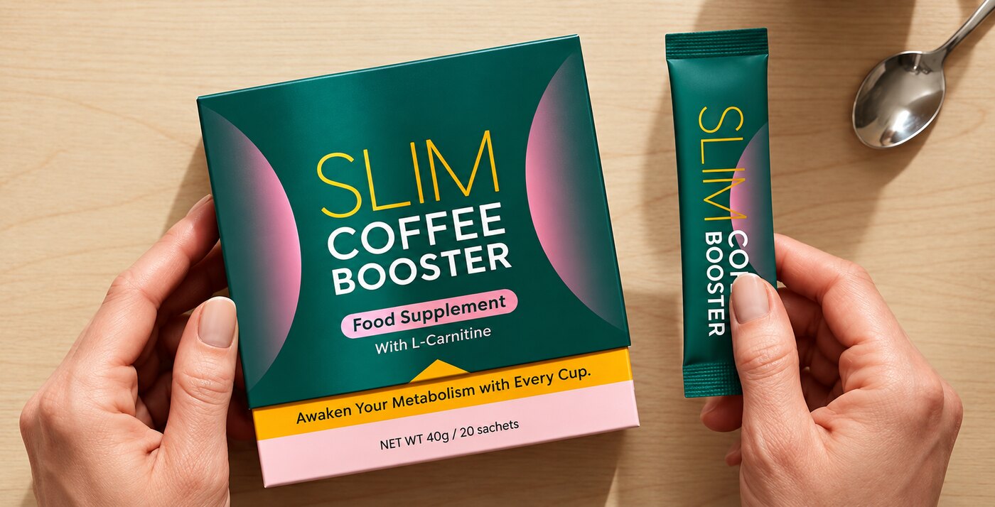 Hands holding a box of Slim Coffee Booster sachets