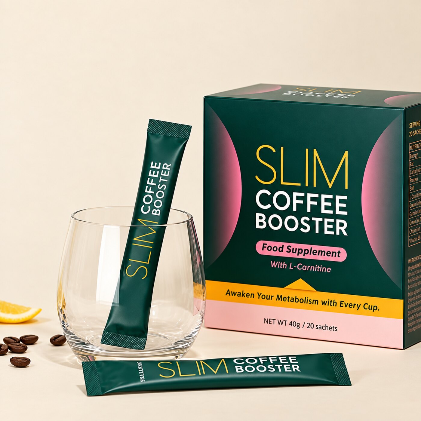 A glass of iced Slim Coffee Booster next to the product box